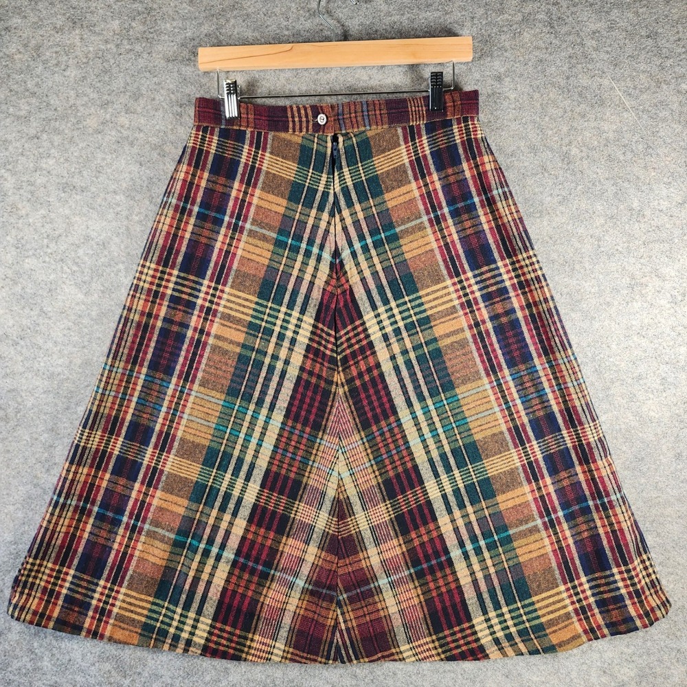 Vintage Plaid A Line Midi Skirt Wool Blend 29 Button Zip Closure Womens Academia - Picture 12 of 13